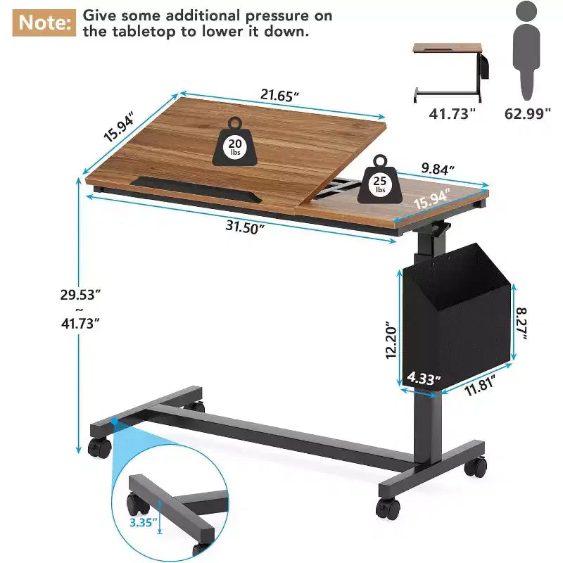 Bureau portable en C Tribesigns, bureau pour ordinateur portable mobile réglable en hauteur avec roulettes