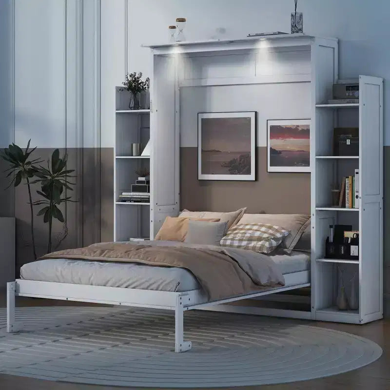 Lit escamotable mural Queen/Full avec étagères et lumières LED 4A - ModernLuxe