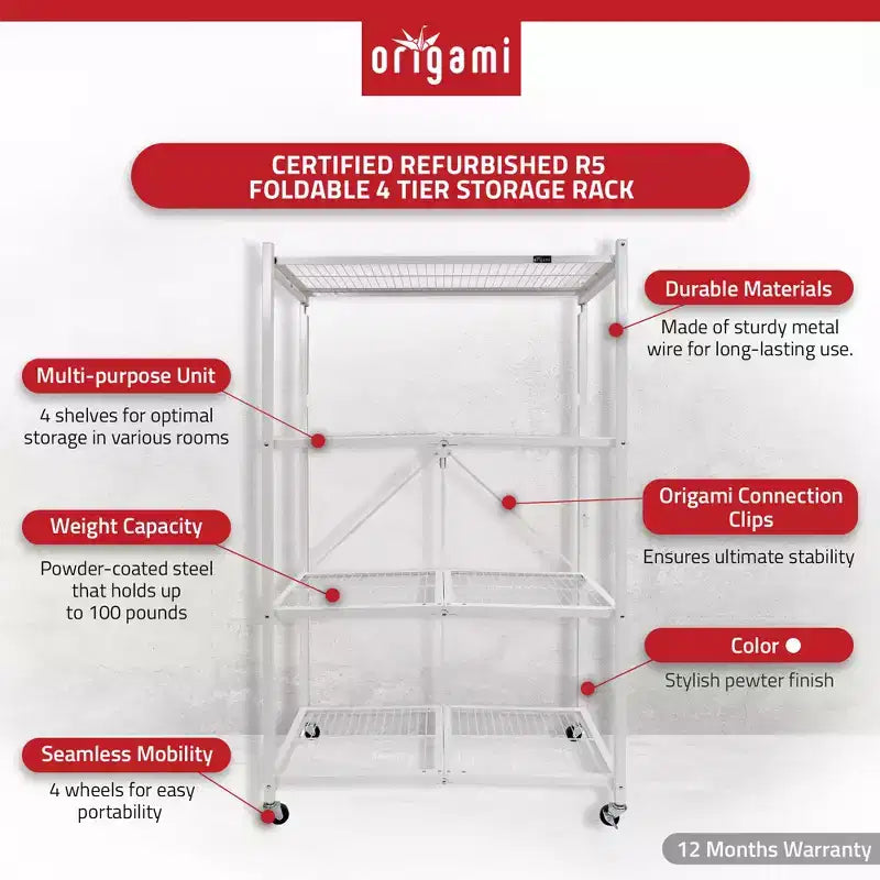 Étagère de rangement pliable en métal à 4 niveaux Origami R5 avec roulettes, capacité de 450 kg pour cuisine, garage ou jardin, blanche, reconditionnée certifiée