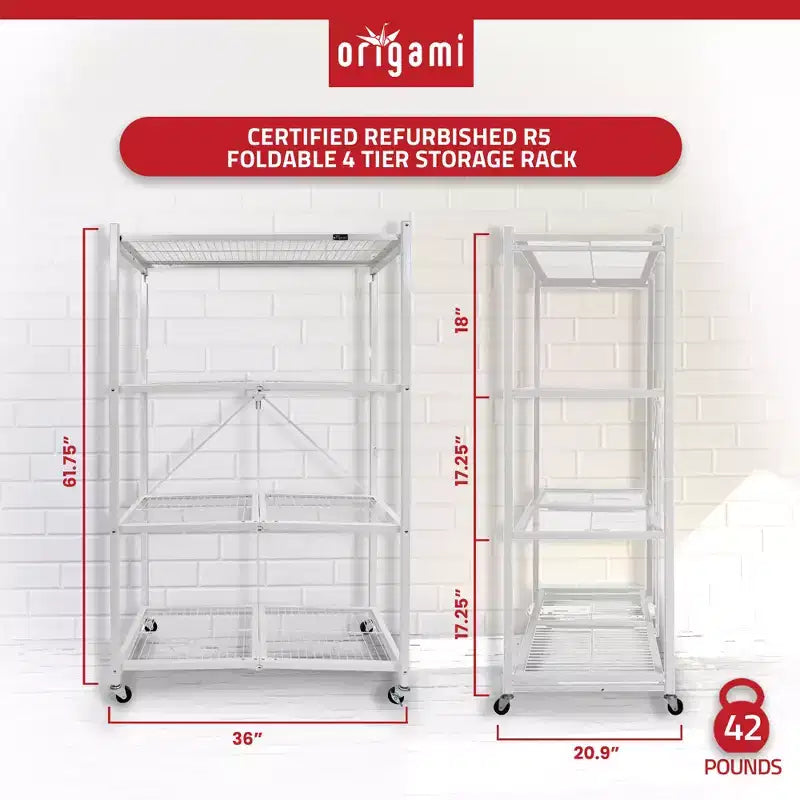 Étagère de rangement pliable en métal à 4 niveaux Origami R5 avec roulettes, capacité de 450 kg pour cuisine, garage ou jardin, blanche, reconditionnée certifiée