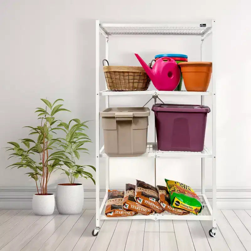 Étagère de rangement pliable en métal à 4 niveaux Origami R5 avec roulettes, capacité de 450 kg pour cuisine, garage ou jardin, blanche, reconditionnée certifiée