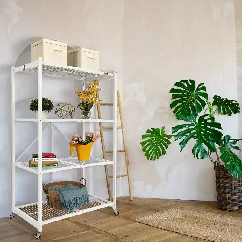 Étagère de rangement pliable en métal à 4 niveaux Origami R5 avec roulettes, capacité de 450 kg pour cuisine, garage ou jardin, blanche, reconditionnée certifiée