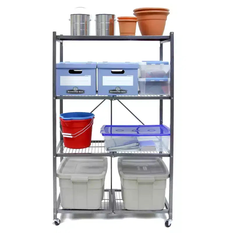 Étagère de rangement métallique pliable Origami R5 à 4 niveaux avec roues, capacité de 450 kg pour cuisine, garage ou jardin, couleur étain, reconditionnée certifiée