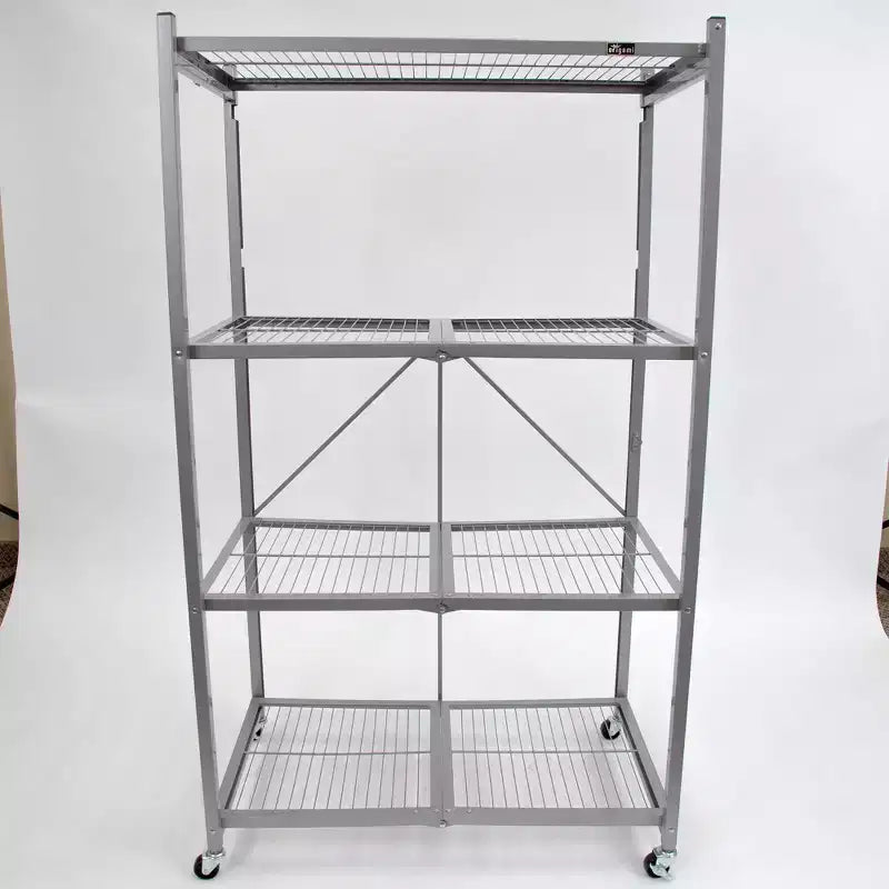 Étagère de rangement métallique pliable Origami R5 à 4 niveaux avec roues, capacité de 450 kg pour cuisine, garage ou jardin, couleur étain, reconditionnée certifiée