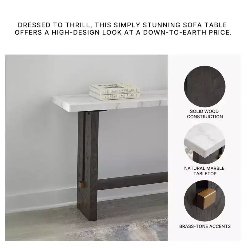 Signature Design by Ashley Burkhaus Table console, dessus en marbre naturel, console en chêne marron foncé pour salon