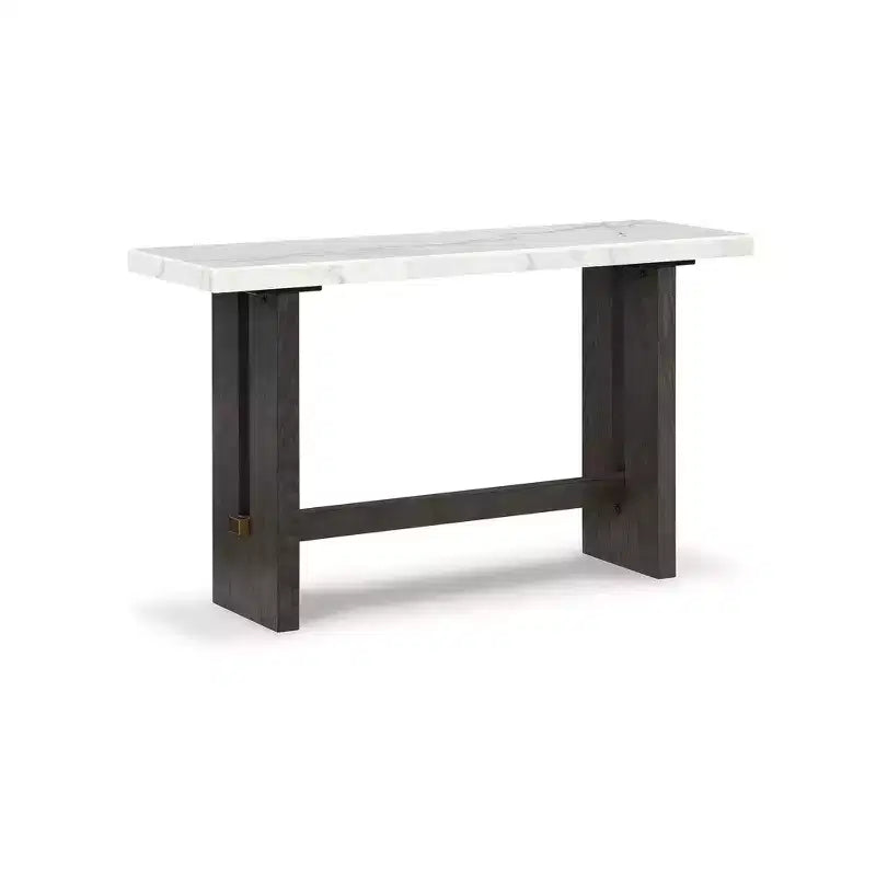 Signature Design by Ashley Burkhaus Table console, dessus en marbre naturel, console en chêne marron foncé pour salon