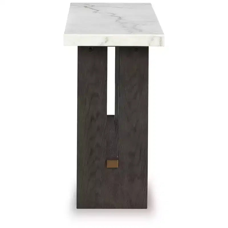 Signature Design by Ashley Burkhaus Table console, dessus en marbre naturel, console en chêne marron foncé pour salon