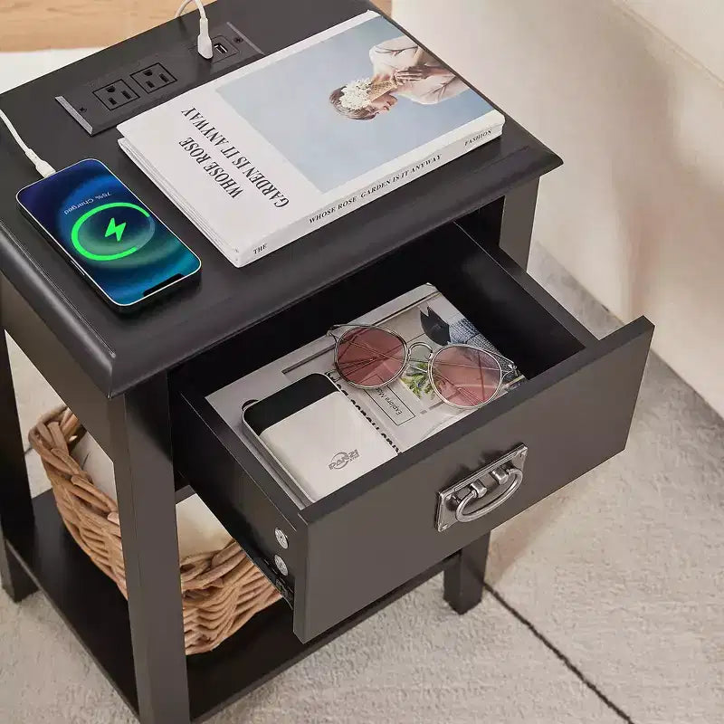 VECELO Table de chevet lot de 2 - avec station de charge, Table d'appoint noire avec ports USB, Tables de nuit avec 3 tiroirs de rangement