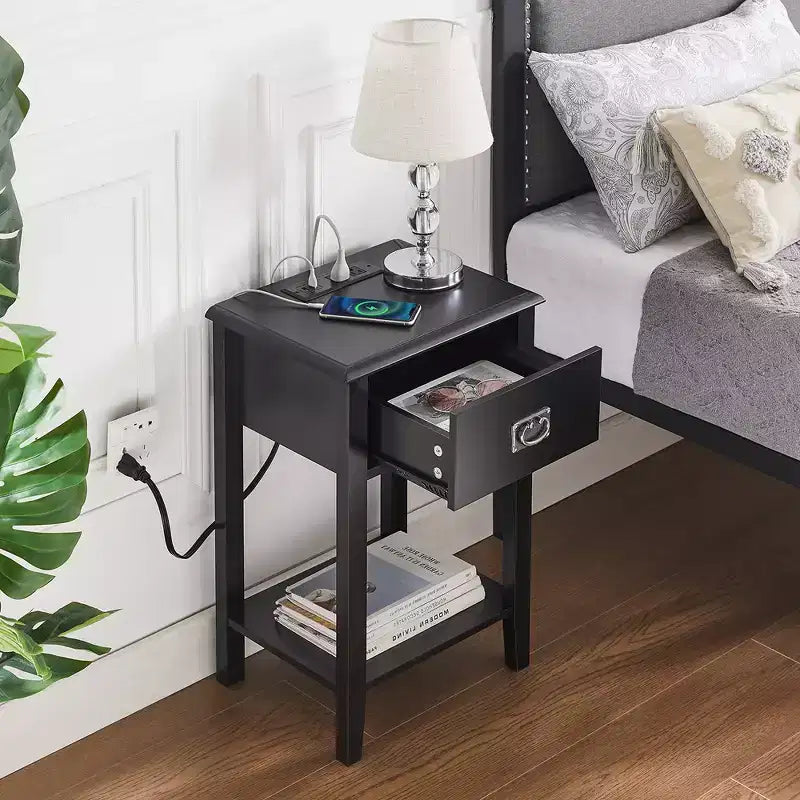 VECELO Table de chevet lot de 2 - avec station de charge, Table d'appoint noire avec ports USB, Tables de nuit avec 3 tiroirs de rangement