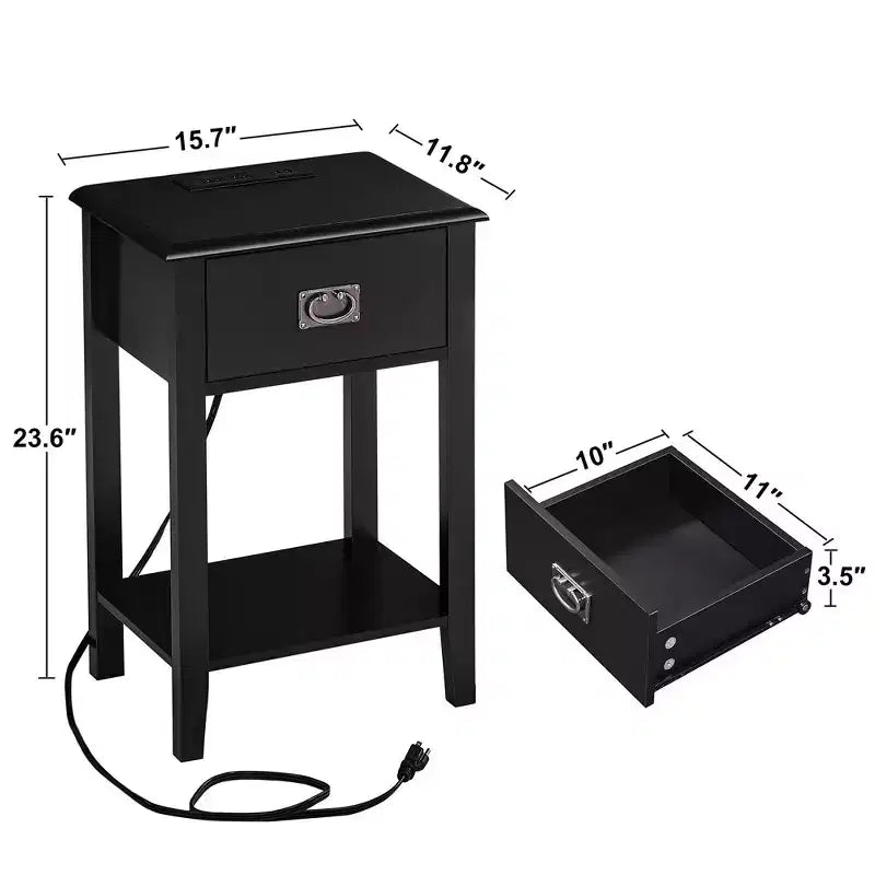 VECELO Table de chevet lot de 2 - avec station de charge, Table d'appoint noire avec ports USB, Tables de nuit avec 3 tiroirs de rangement
