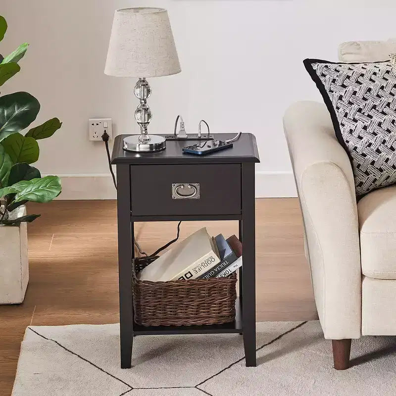 VECELO Table de chevet lot de 2 - avec station de charge, Table d'appoint noire avec ports USB, Tables de nuit avec 3 tiroirs de rangement