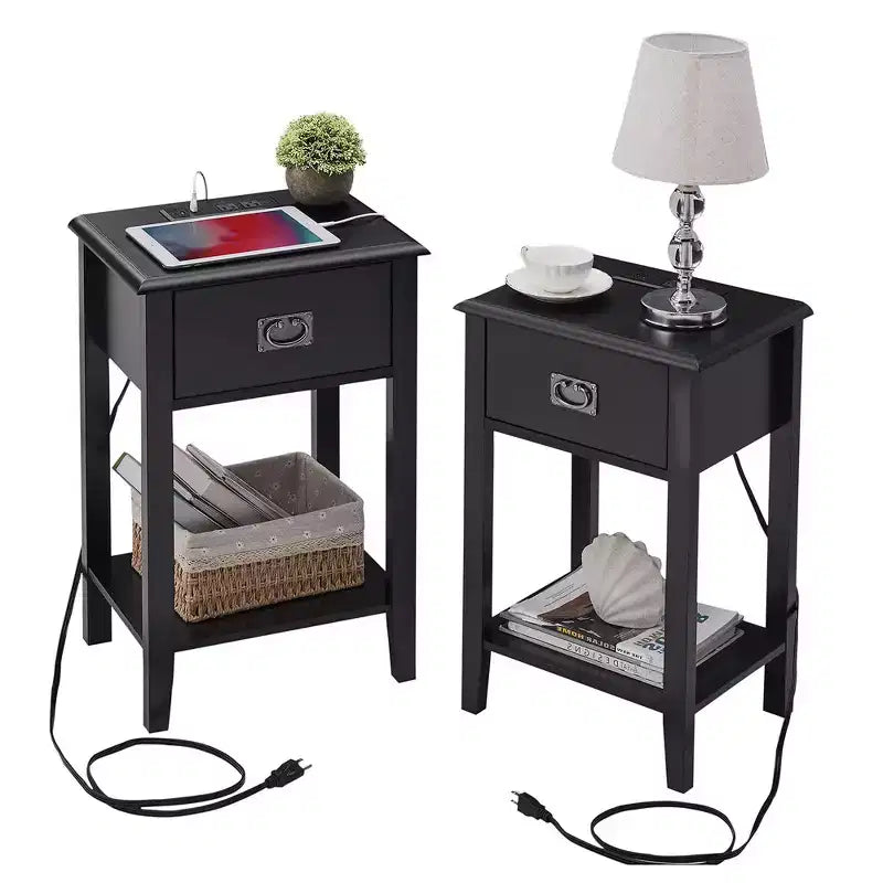 VECELO Table de chevet lot de 2 - avec station de charge, Table d'appoint noire avec ports USB, Tables de nuit avec 3 tiroirs de rangement