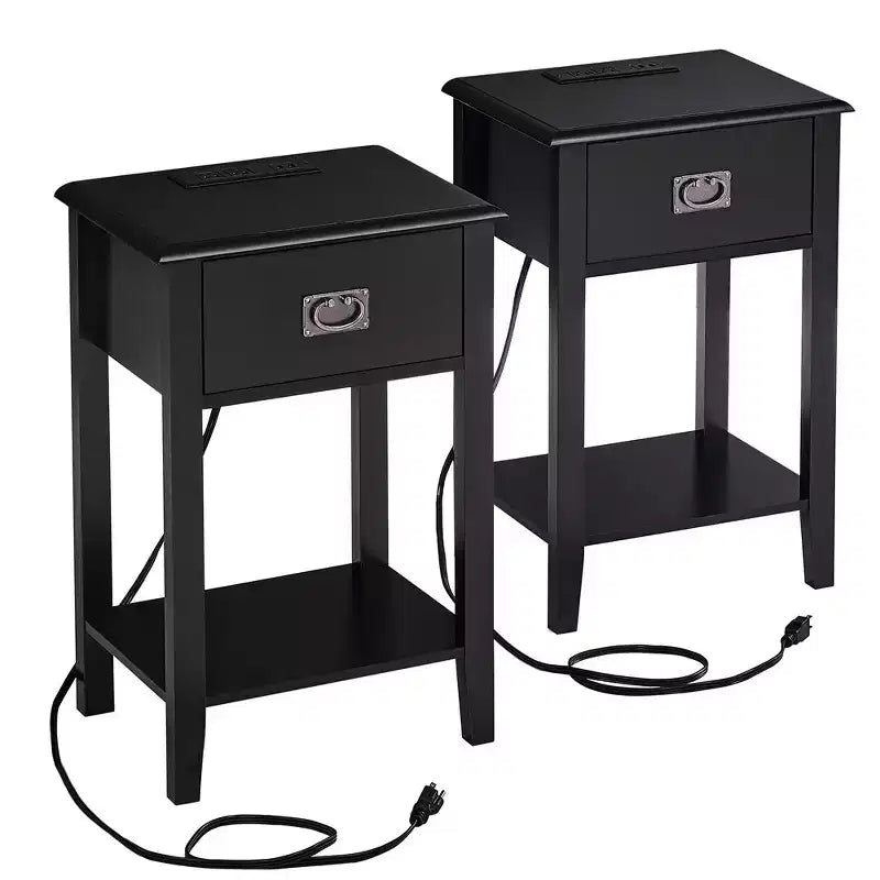 VECELO Table de chevet lot de 2 - avec station de charge, Table d'appoint noire avec ports USB, Tables de nuit avec 3 tiroirs de rangement