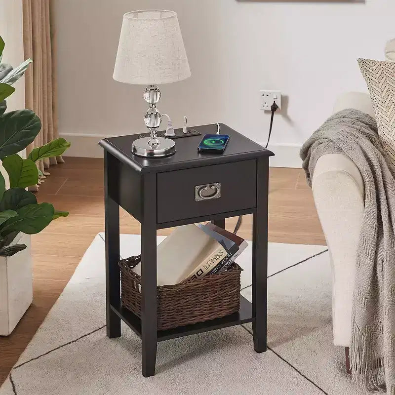 VECELO Table de chevet lot de 2 - avec station de charge, Table d'appoint noire avec ports USB, Tables de nuit avec 3 tiroirs de rangement