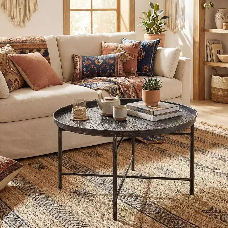 HOMCOM Table Basse Ronde 24 po avec Plateau Marteau, Table d'Appoint Vintage en Métal pour Salon, Chambre à Coucher