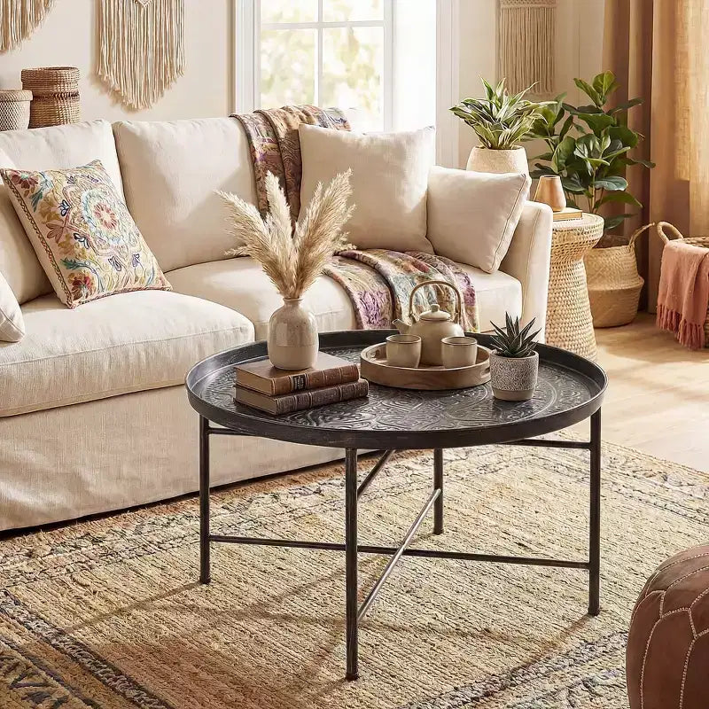 HOMCOM Table Basse Ronde 24 po avec Plateau Marteau, Table d'Appoint Vintage en Métal pour Salon, Chambre à Coucher