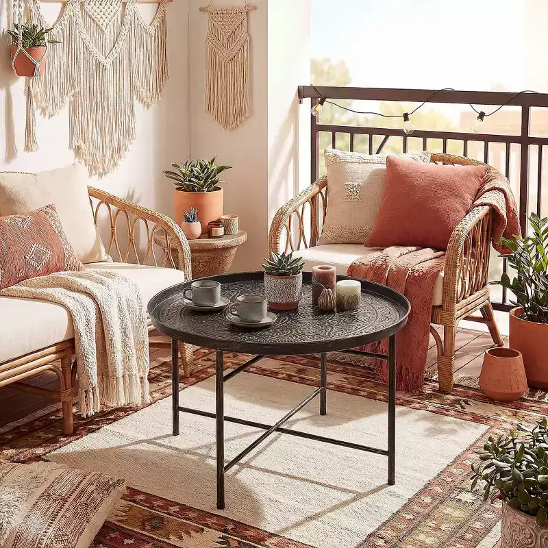 HOMCOM Table Basse Ronde 24 po avec Plateau Marteau, Table d'Appoint Vintage en Métal pour Salon, Chambre à Coucher
