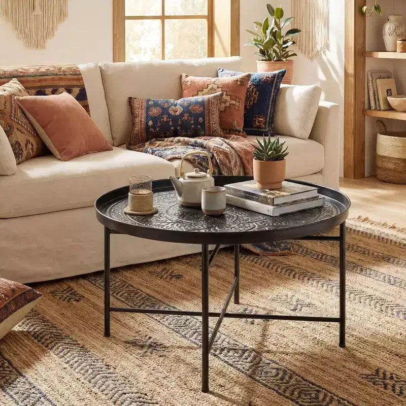 HOMCOM Table Basse Ronde 24 po avec Plateau Marteau, Table d'Appoint Vintage en Métal pour Salon, Chambre à Coucher