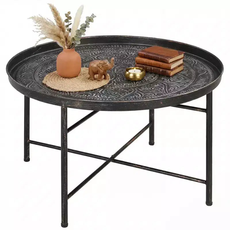 HOMCOM Table Basse Ronde 24 po avec Plateau Marteau, Table d'Appoint Vintage en Métal pour Salon, Chambre à Coucher