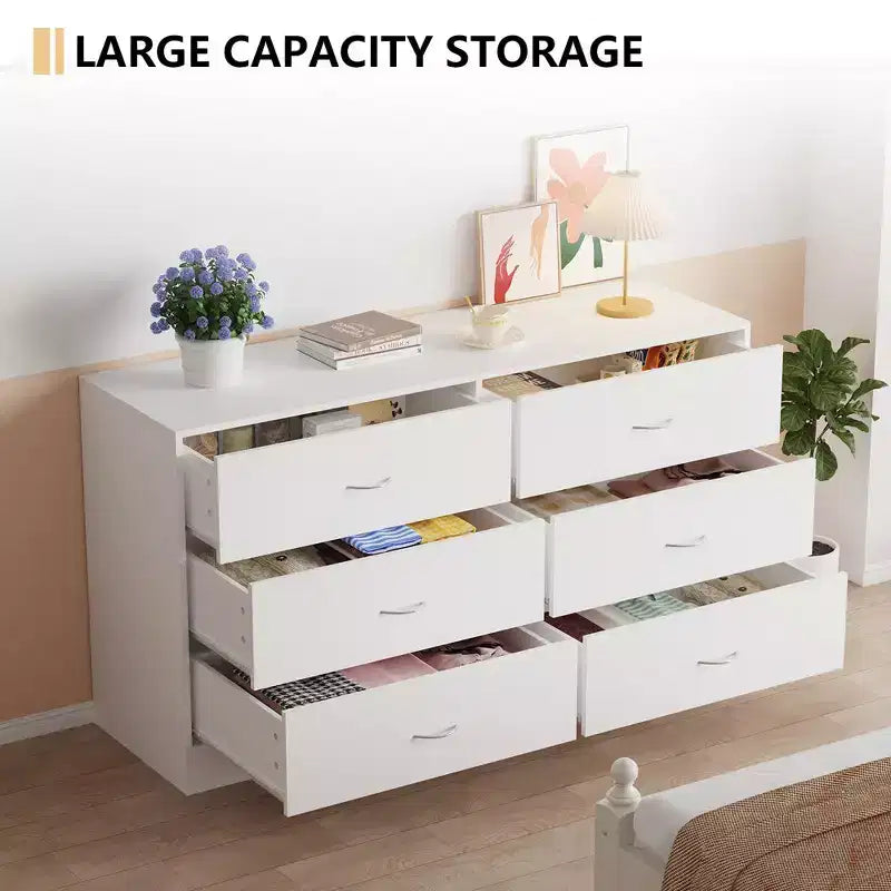 Commode de chambre à 6 tiroirs, moderne et large, 53,5 pouces, avec glissières fluides, blanche