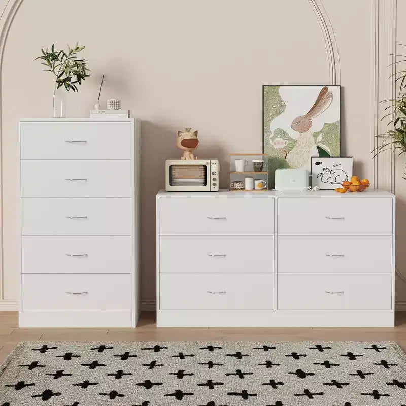 Commode de chambre à 6 tiroirs, moderne et large, 53,5 pouces, avec glissières fluides, blanche