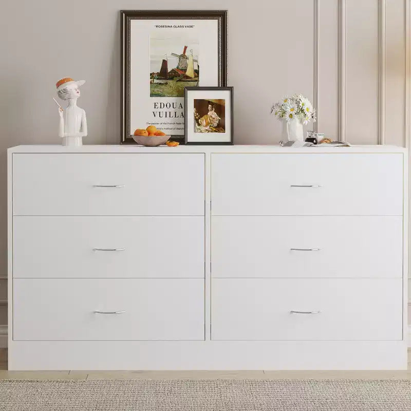 Commode de chambre à 6 tiroirs, moderne et large, 53,5 pouces, avec glissières fluides, blanche