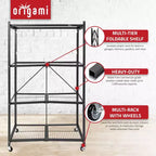 Étagère de rangement métallique pliable à 4 niveaux avec roulettes Origami R5, capacité de 450 kg pour la cuisine, le garage ou le jardin, noir, reconditionné certifié