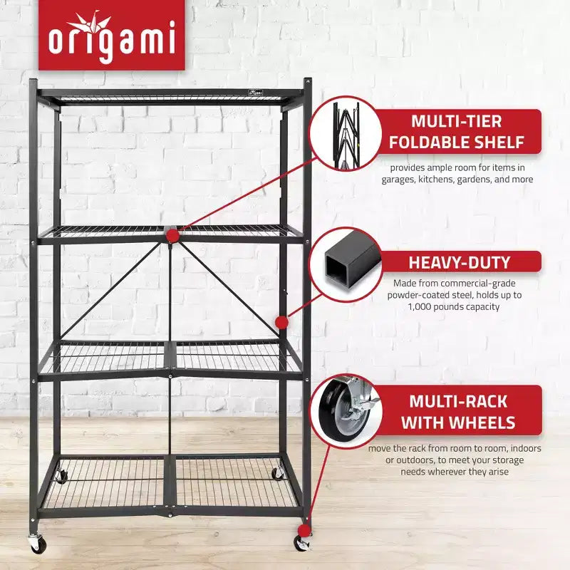 Étagère de rangement métallique pliable à 4 niveaux avec roulettes Origami R5, capacité de 450 kg pour la cuisine, le garage ou le jardin, noir, reconditionné certifié