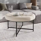 Emma et Oliver Pouf rond 34 po en coton et lin avec design touffeté et cadre en fer robuste