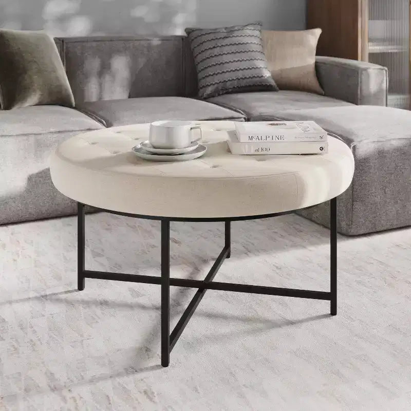 Emma et Oliver Pouf rond 34 po en coton et lin avec design touffeté et cadre en fer robuste