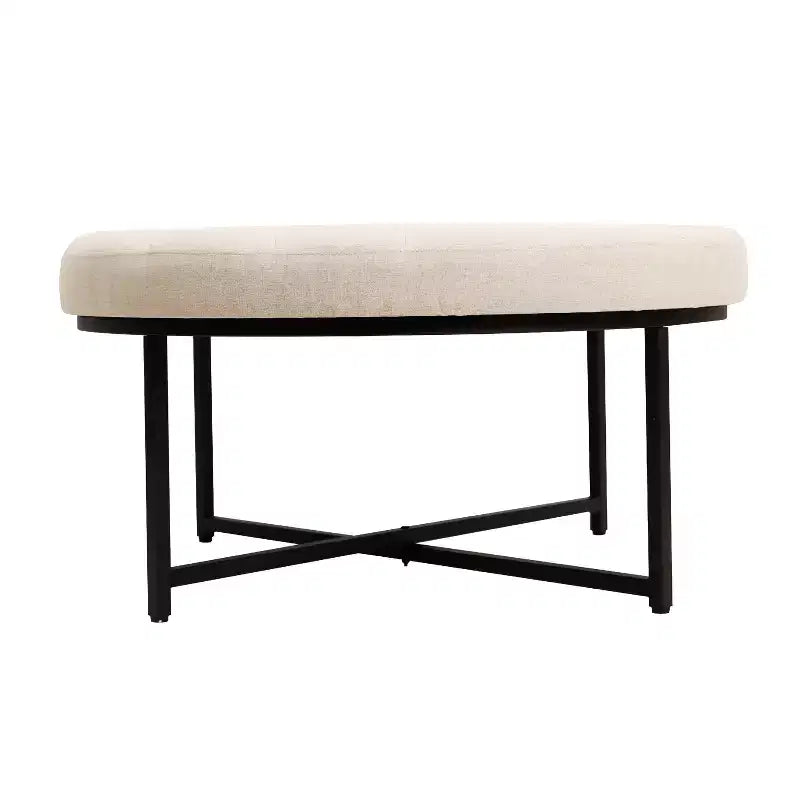 Emma et Oliver Pouf rond 34 po en coton et lin avec design touffeté et cadre en fer robuste