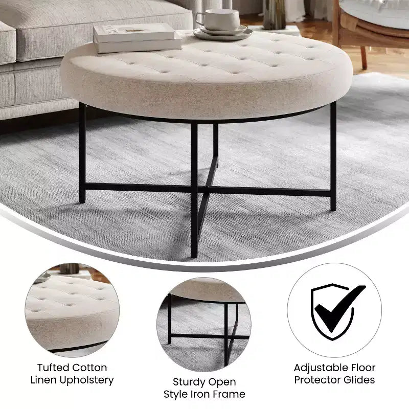 Emma et Oliver Pouf rond 34 po en coton et lin avec design touffeté et cadre en fer robuste