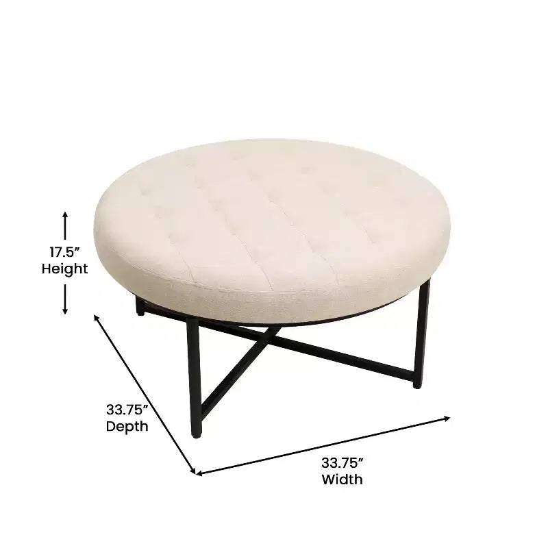 Emma et Oliver Pouf rond 34 po en coton et lin avec design touffeté et cadre en fer robuste