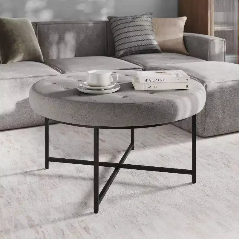 Emma et Oliver Pouf rond 34 po en coton et lin avec design touffeté et cadre en fer robuste
