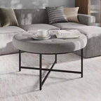 Emma et Oliver Pouf rond 34 po en coton et lin avec design touffeté et cadre en fer robuste