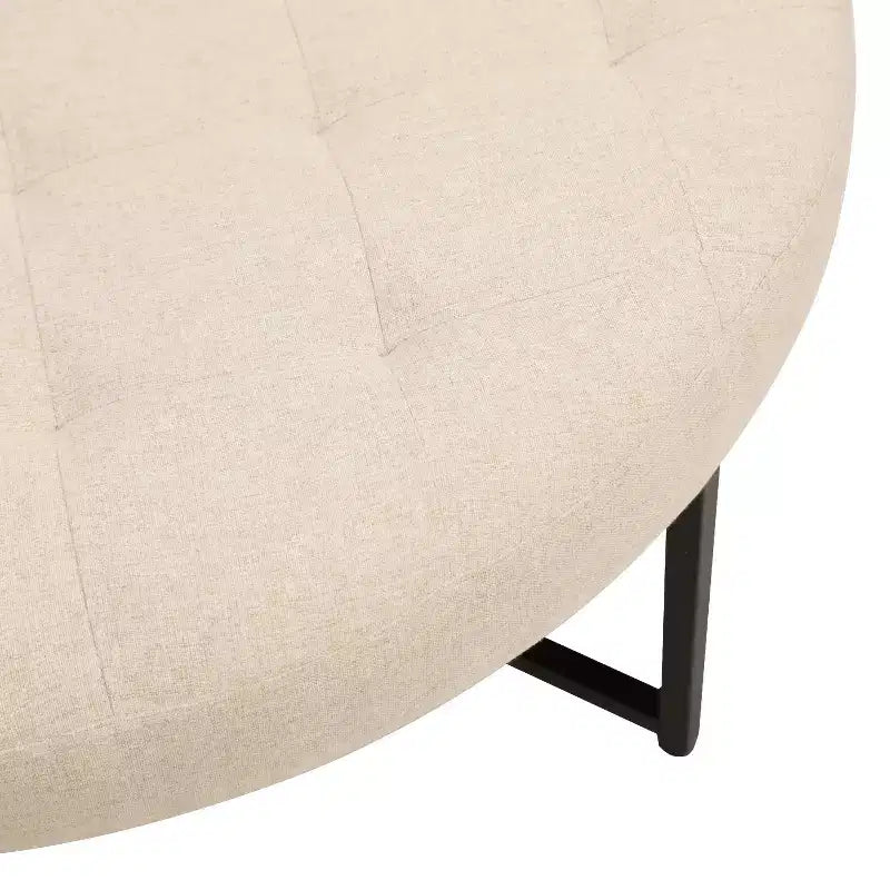 Emma et Oliver Pouf rond 34 po en coton et lin avec design touffeté et cadre en fer robuste
