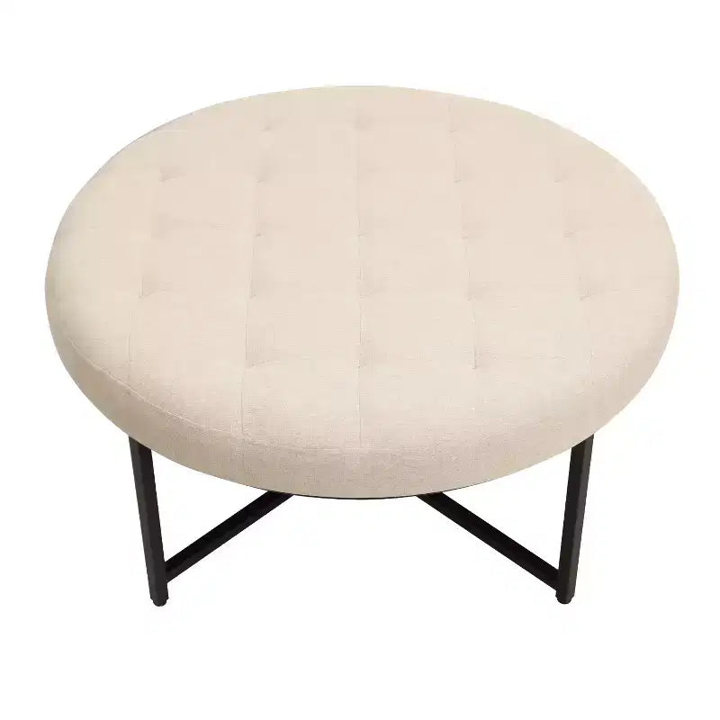 Emma et Oliver Pouf rond 34 po en coton et lin avec design touffeté et cadre en fer robuste
