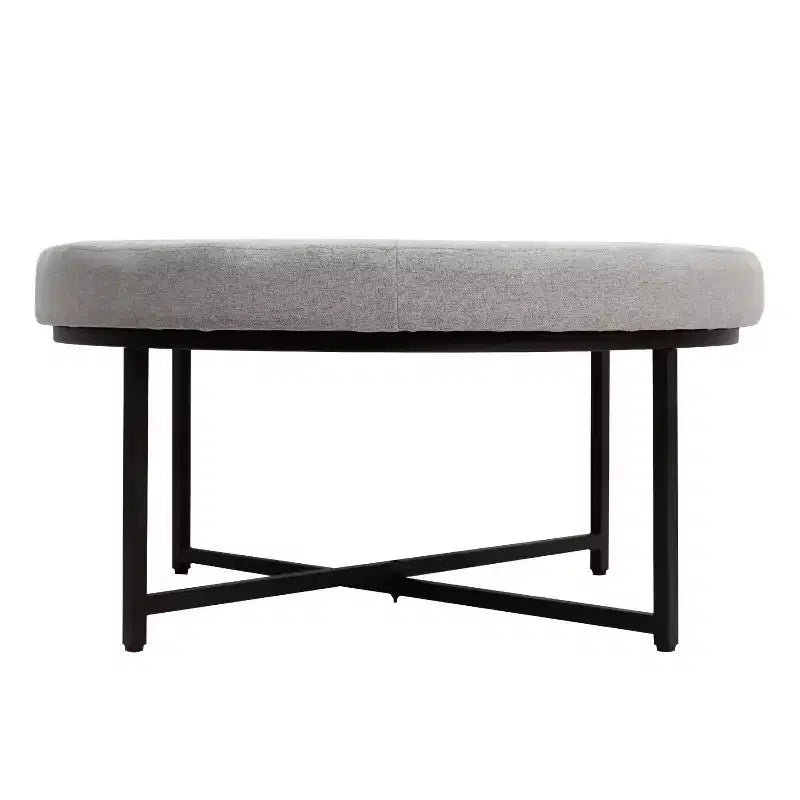 Emma et Oliver Pouf rond 34 po en coton et lin avec design touffeté et cadre en fer robuste