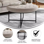 Emma et Oliver Pouf rond 34 po en coton et lin avec design touffeté et cadre en fer robuste
