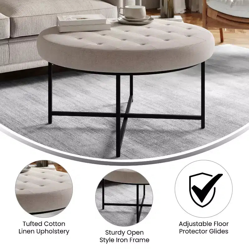 Emma et Oliver Pouf rond 34 po en coton et lin avec design touffeté et cadre en fer robuste