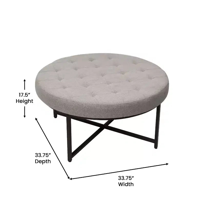 Emma et Oliver Pouf rond 34 po en coton et lin avec design touffeté et cadre en fer robuste