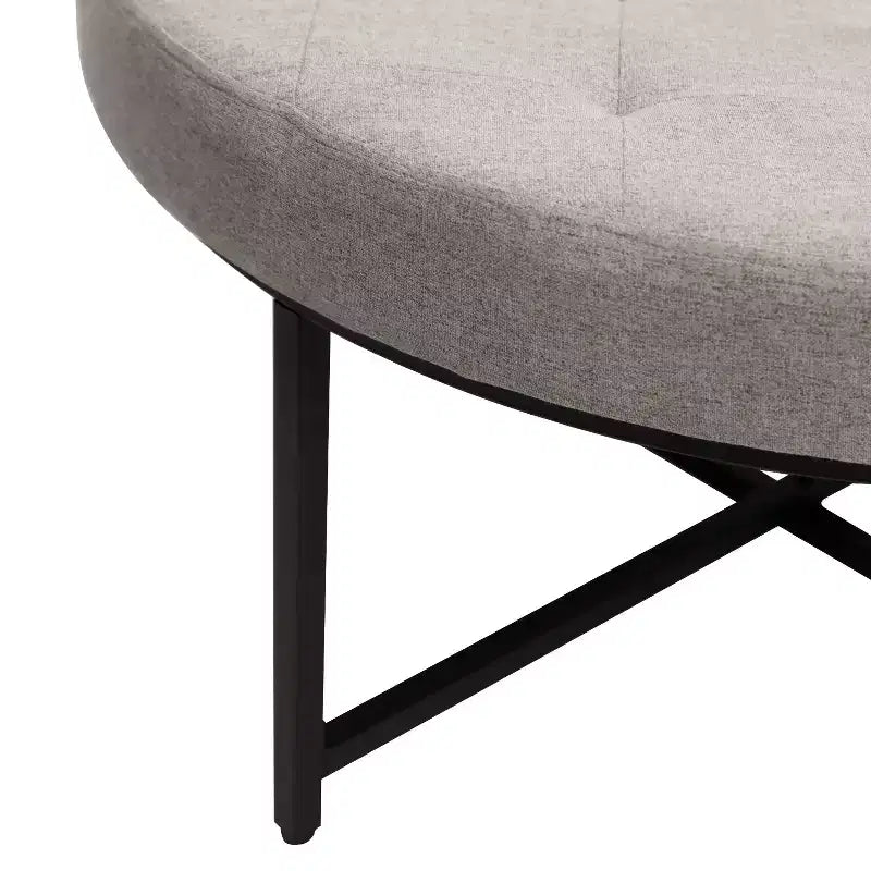Emma et Oliver Pouf rond 34 po en coton et lin avec design touffeté et cadre en fer robuste