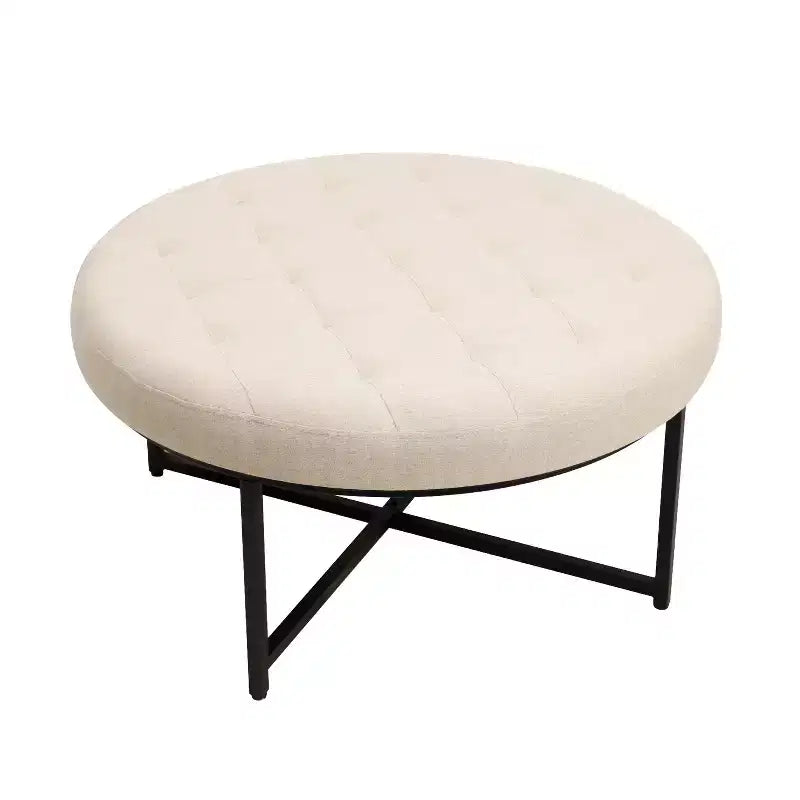 Emma et Oliver Pouf rond 34 po en coton et lin avec design touffeté et cadre en fer robuste