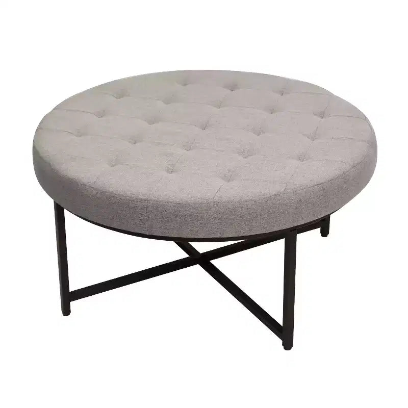 Emma and Oliver 34 in. Cotton Linen Round Ottoman with Tufted Design and Sturdy Iron Frame