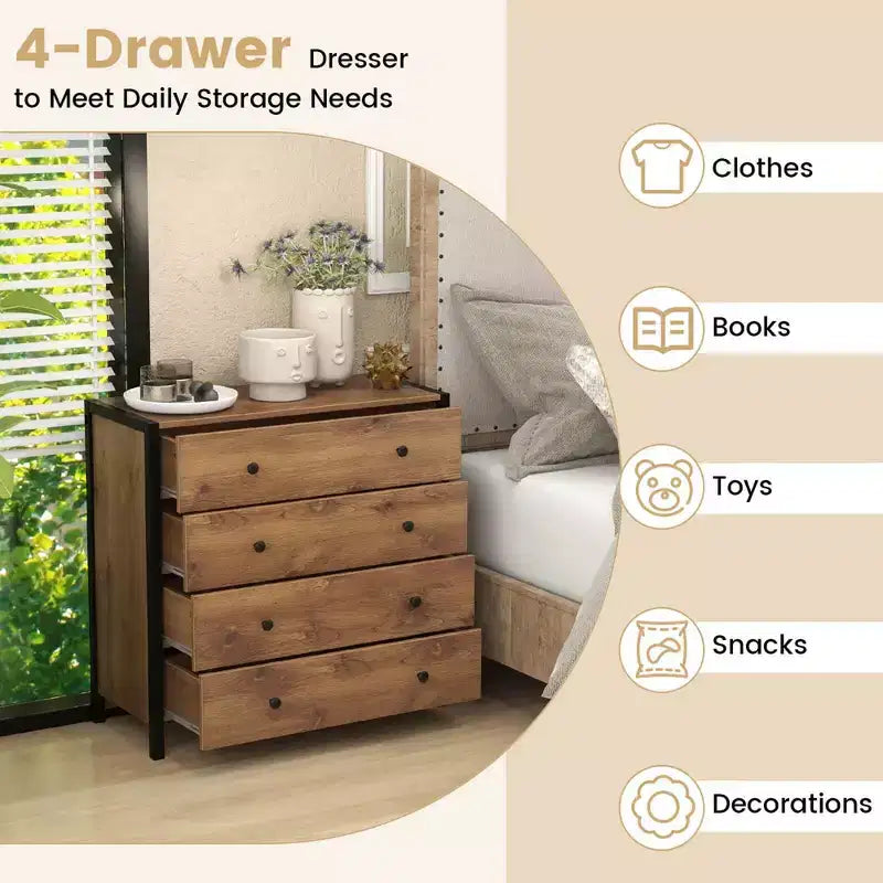 Commode Costway à 4 tiroirs, meuble de rangement moderne en bois, gris/chêne