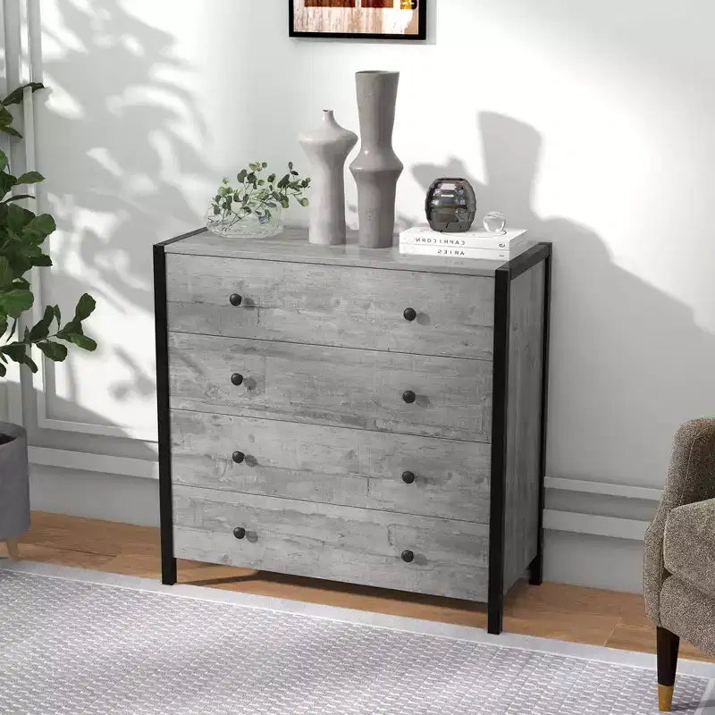 Commode Costway à 4 tiroirs, meuble de rangement moderne en bois, gris/chêne