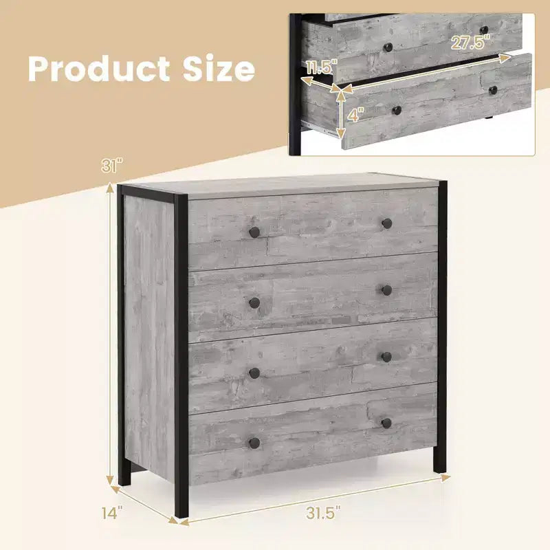 Commode Costway à 4 tiroirs, meuble de rangement moderne en bois, gris/chêne