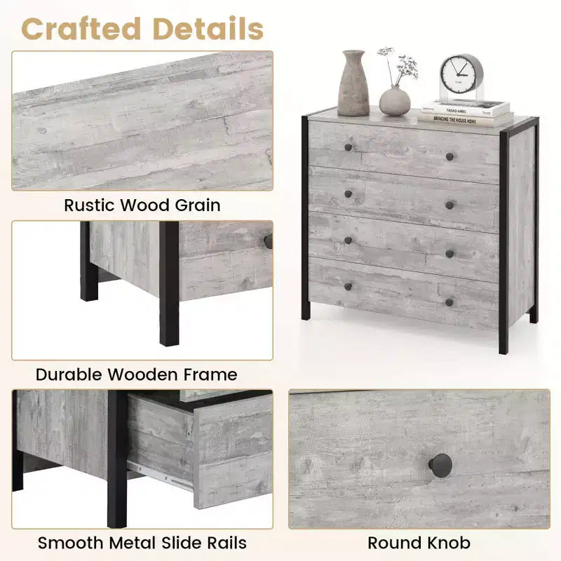 Commode Costway à 4 tiroirs, meuble de rangement moderne en bois, gris/chêne