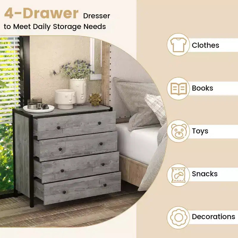 Commode Costway à 4 tiroirs, meuble de rangement moderne en bois, gris/chêne