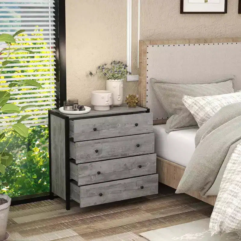 Commode Costway à 4 tiroirs, meuble de rangement moderne en bois, gris/chêne